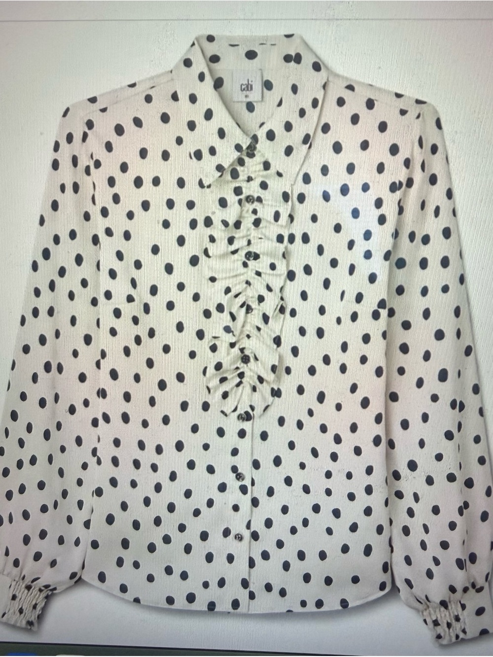 CAbi Cream Blouse with Navy Polka Dots and Ruffle Placket